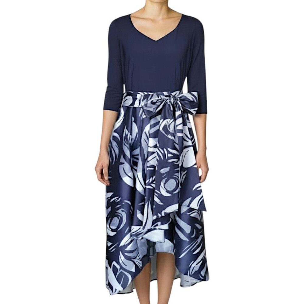 R&M Richards Navy Blue and White Satin High-Low 3/4 Sleeve Dress Women's Size 12